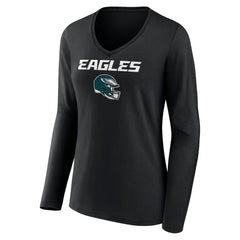 Philadelphia Eagles Women's Personalized Name & Number Team Wordmark Long Sleeve V-Neck T-Shirt - Black - NFL