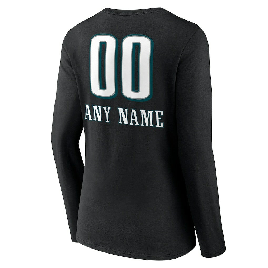Philadelphia Eagles Women's Personalized Name & Number Team Wordmark Long Sleeve V-Neck T-Shirt - Black - NFL