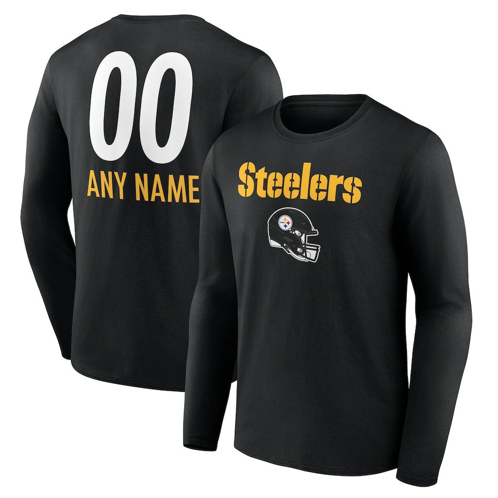 Pittsburgh Steelers Personalized Name & Number Team Wordmark Long Sleeve T-Shirt - Black - NFL