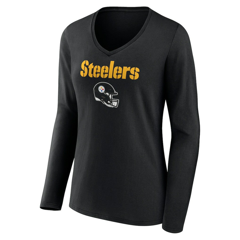 Pittsburgh Steelers Women's Personalized Name & Number Team Wordmark Long Sleeve V-Neck T-Shirt - Black - NFL