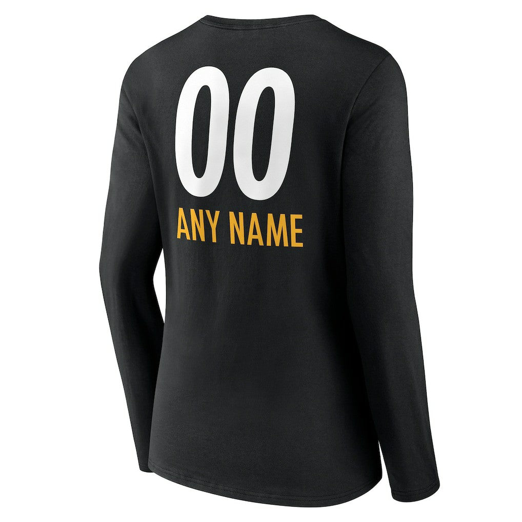 Pittsburgh Steelers Women's Personalized Name & Number Team Wordmark Long Sleeve V-Neck T-Shirt - Black - NFL