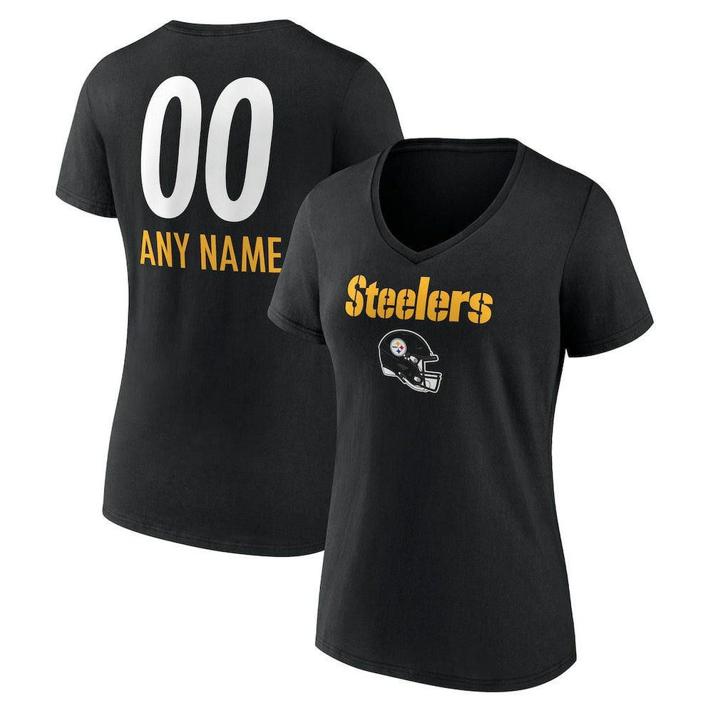 Pittsburgh Steelers Women's Personalized Name & Number Team Wordmark V-Neck T-Shirt - Black - NFL
