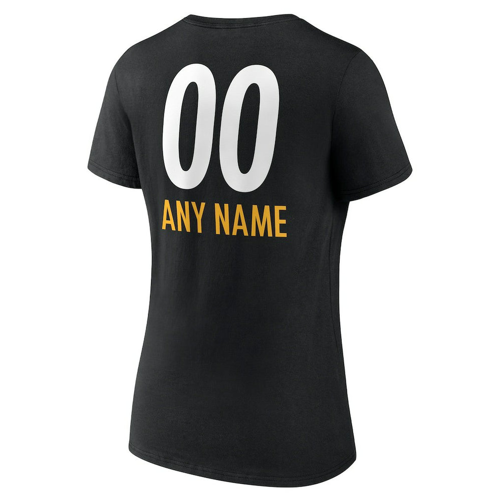 Pittsburgh Steelers Women's Personalized Name & Number Team Wordmark V-Neck T-Shirt - Black - NFL