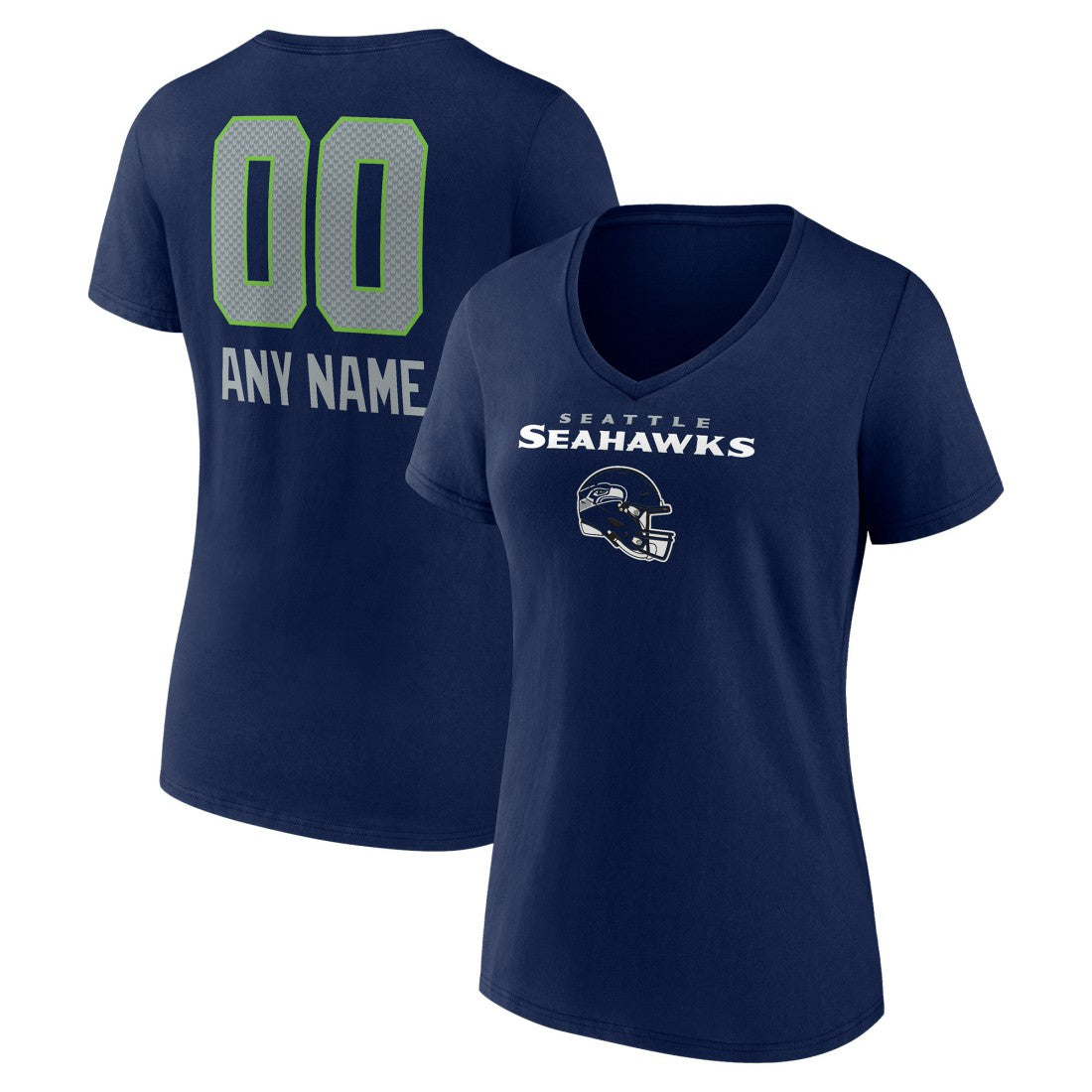 Seattle Seahawks Women's Personalized Name & Number Team Wordmark V-Neck T-Shirt - College Navy - NFL