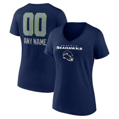 Seattle Seahawks Women's Personalized Name & Number Team Wordmark V-Neck T-Shirt - College Navy - NFL
