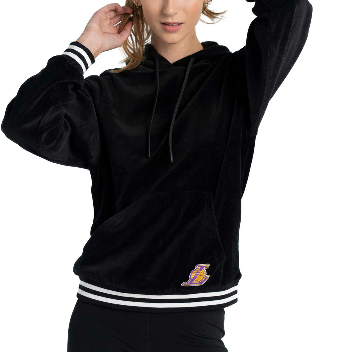 Los Angeles Lakers Lusso Women's Nellie Oversized Velour Pullover Hoodie Black
