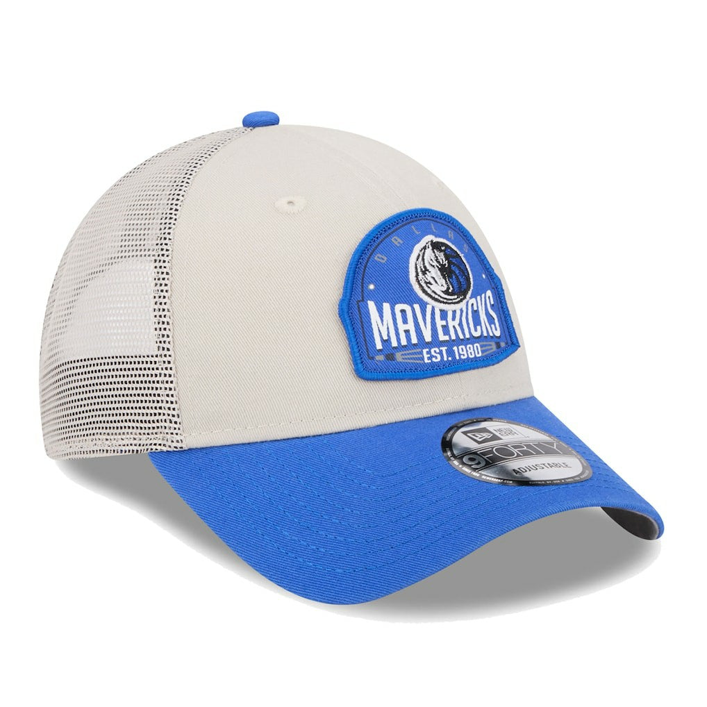 New Era Dallas Mavericks Throwback Patch Trucker 9FORTY Adjustable Hat Khaki/Blue