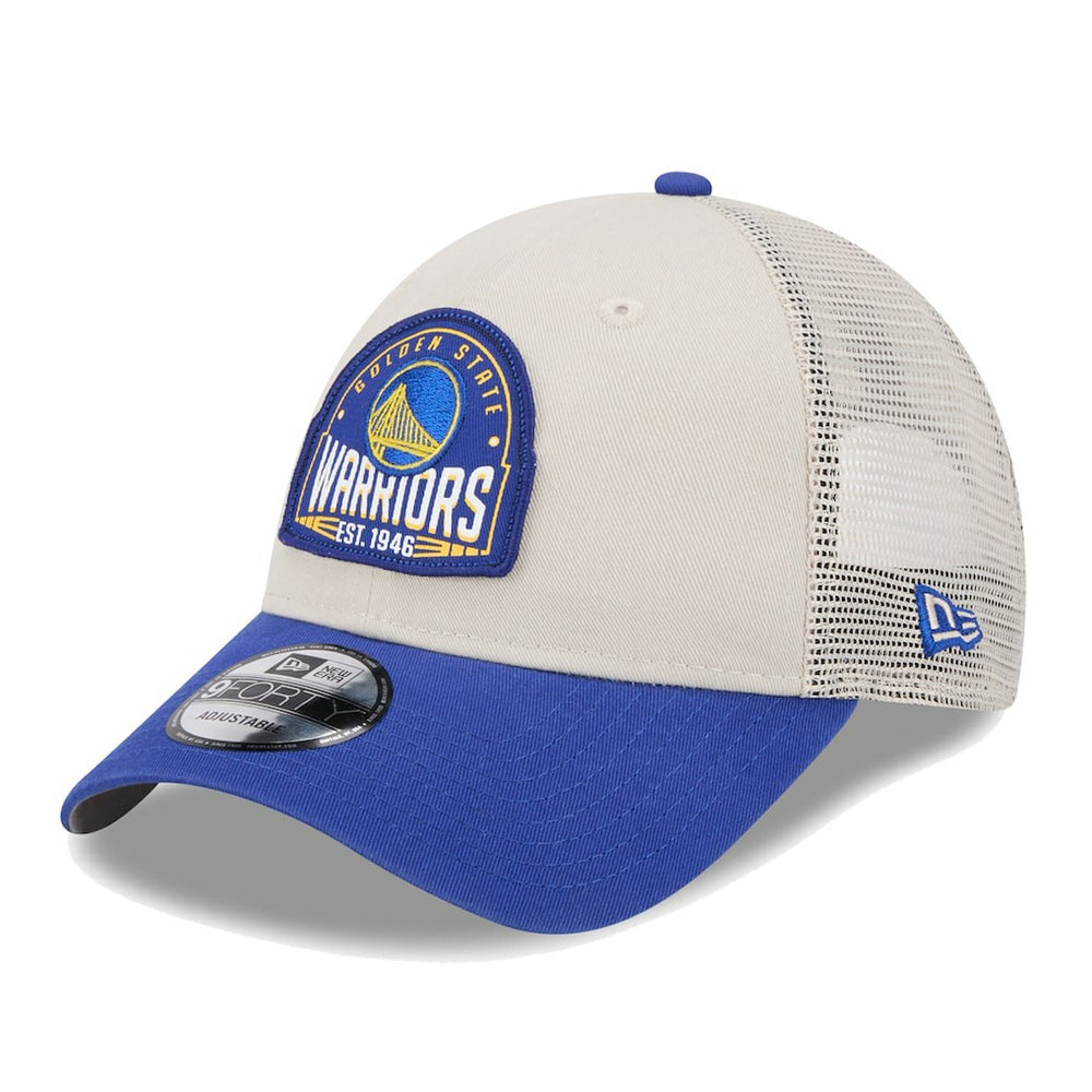 New Era Golden State Warriors Throwback Patch Trucker 9FORTY Adjustable Hat Khaki/Royal