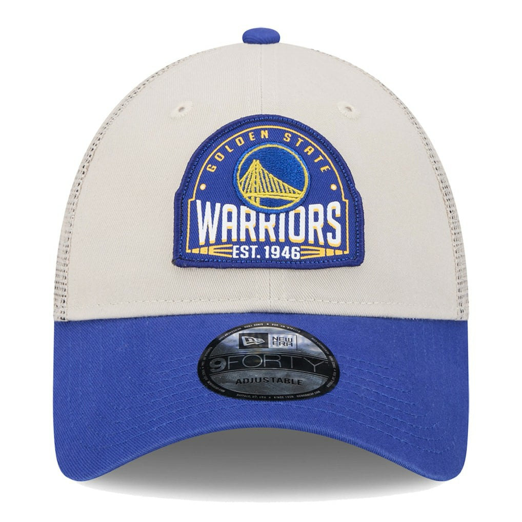 New Era Golden State Warriors Throwback Patch Trucker 9FORTY Adjustable Hat Khaki/Royal