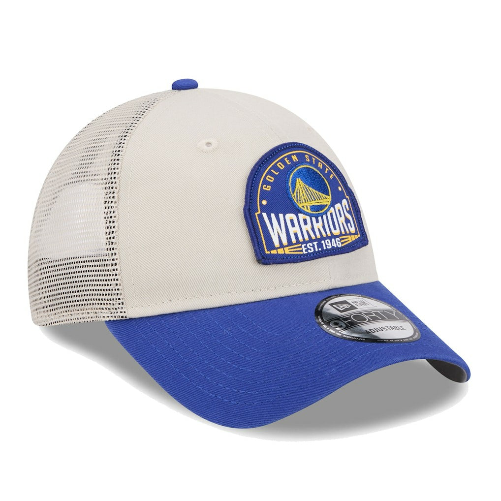 New Era Golden State Warriors Throwback Patch Trucker 9FORTY Adjustable Hat Khaki/Royal