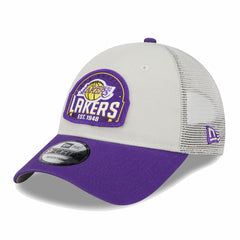New Era Los Angeles Lakers Throwback Patch Trucker 9FORTY Adjustable Hat Khaki/Purple