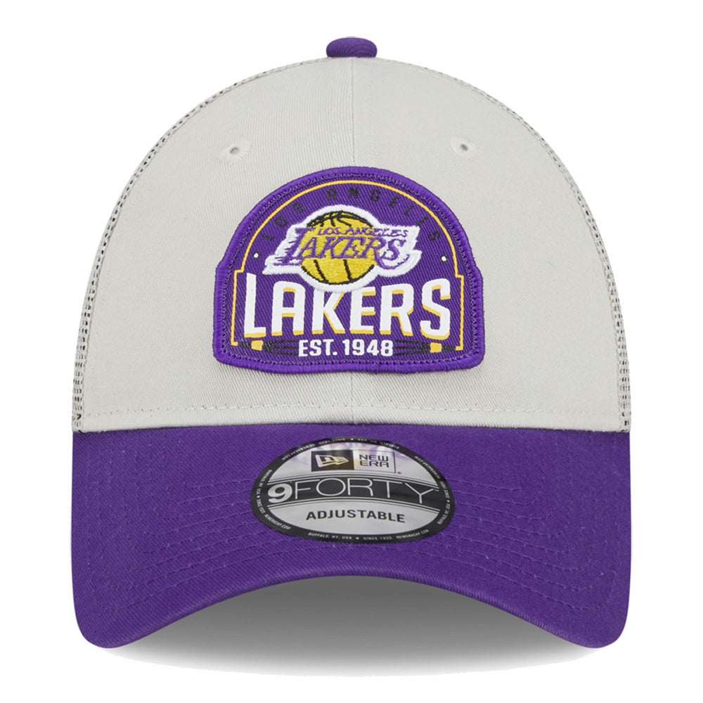 New Era Los Angeles Lakers Throwback Patch Trucker 9FORTY Adjustable Hat Khaki/Purple