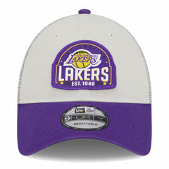 New Era Los Angeles Lakers Throwback Patch Trucker 9FORTY Adjustable Hat Khaki/Purple