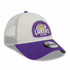 New Era Los Angeles Lakers Throwback Patch Trucker 9FORTY Adjustable Hat Khaki/Purple