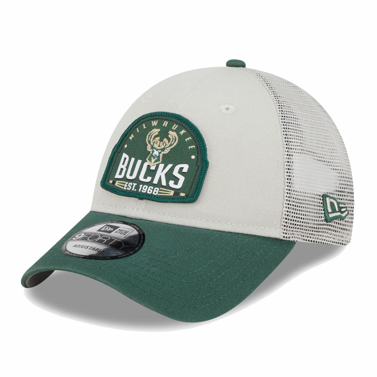 New Era Milwaukee Bucks Throwback Patch Trucker 9FORTY Adjustable Hat Khaki/Hunter Green