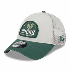 New Era Milwaukee Bucks Throwback Patch Trucker 9FORTY Adjustable Hat Khaki/Hunter Green