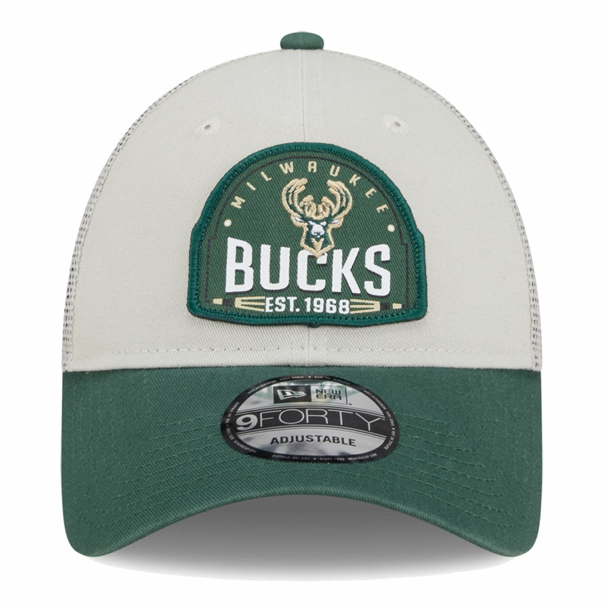 New Era Milwaukee Bucks Throwback Patch Trucker 9FORTY Adjustable Hat Khaki/Hunter Green