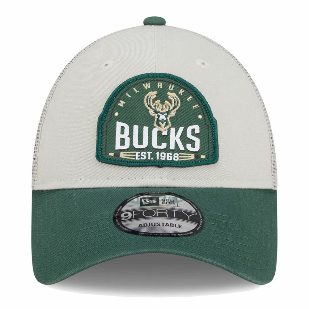 New Era Milwaukee Bucks Throwback Patch Trucker 9FORTY Adjustable Hat Khaki/Hunter Green