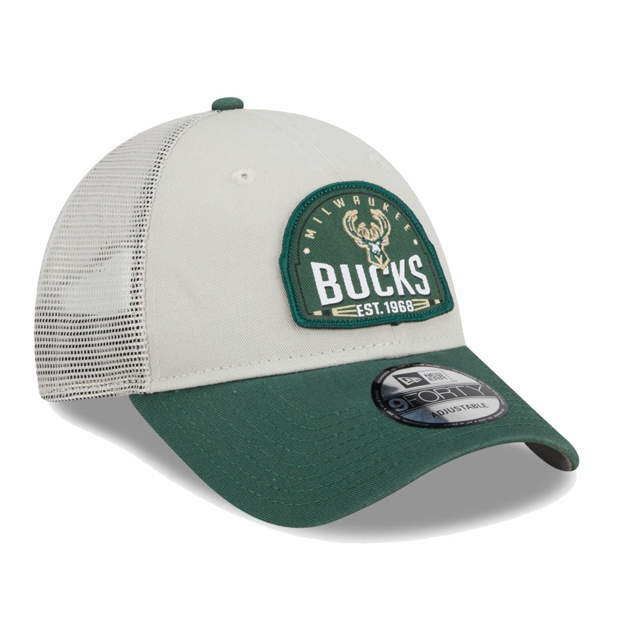 New Era Milwaukee Bucks Throwback Patch Trucker 9FORTY Adjustable Hat Khaki/Hunter Green