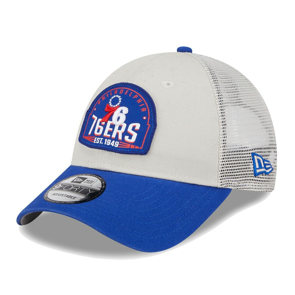 New Era Philadelphia 76ers Throwback Patch Trucker 9FORTY Adjustable Hat Khaki/Royal