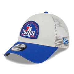 New Era Philadelphia 76ers Throwback Patch Trucker 9FORTY Adjustable Hat Khaki/Royal
