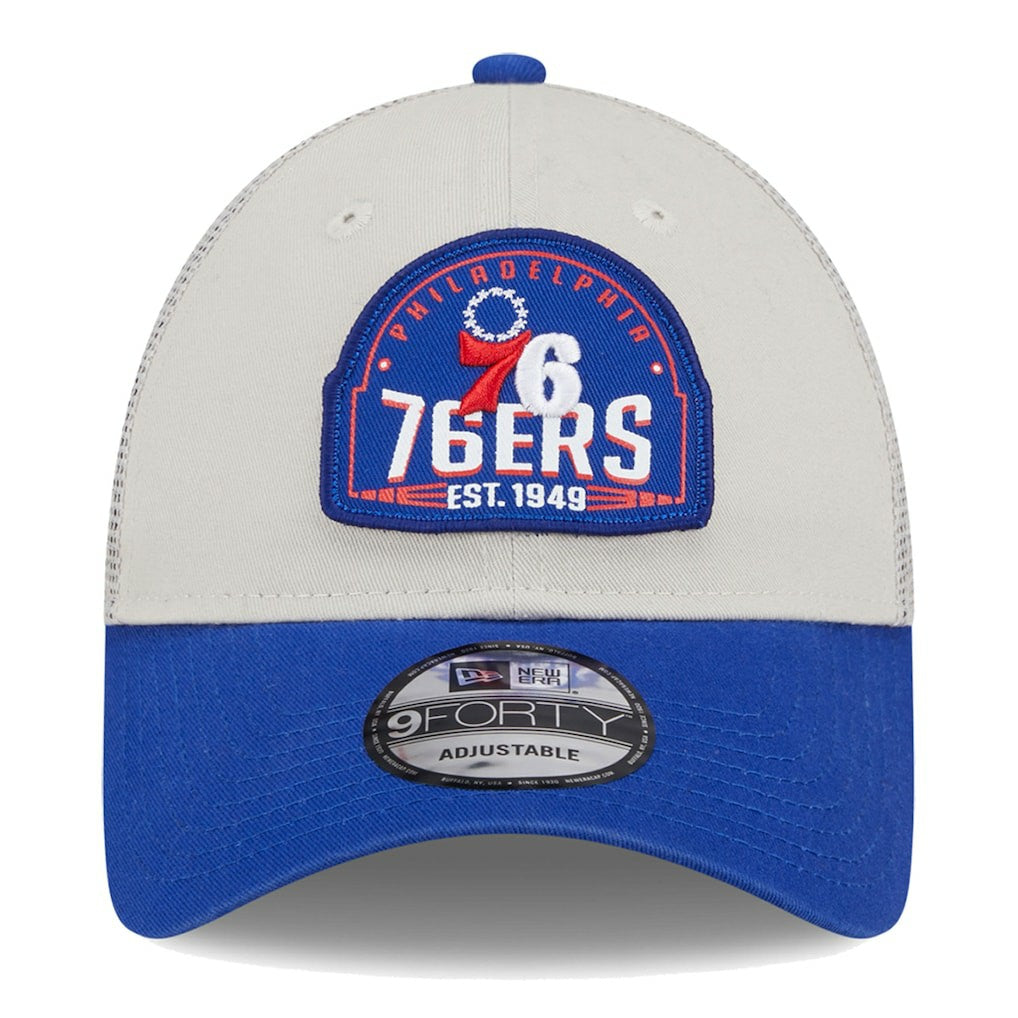 New Era Philadelphia 76ers Throwback Patch Trucker 9FORTY Adjustable Hat Khaki/Royal