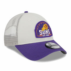 New Era Phoenix Suns Throwback Patch Trucker 9FORTY Adjustable Hat Khaki/Purple