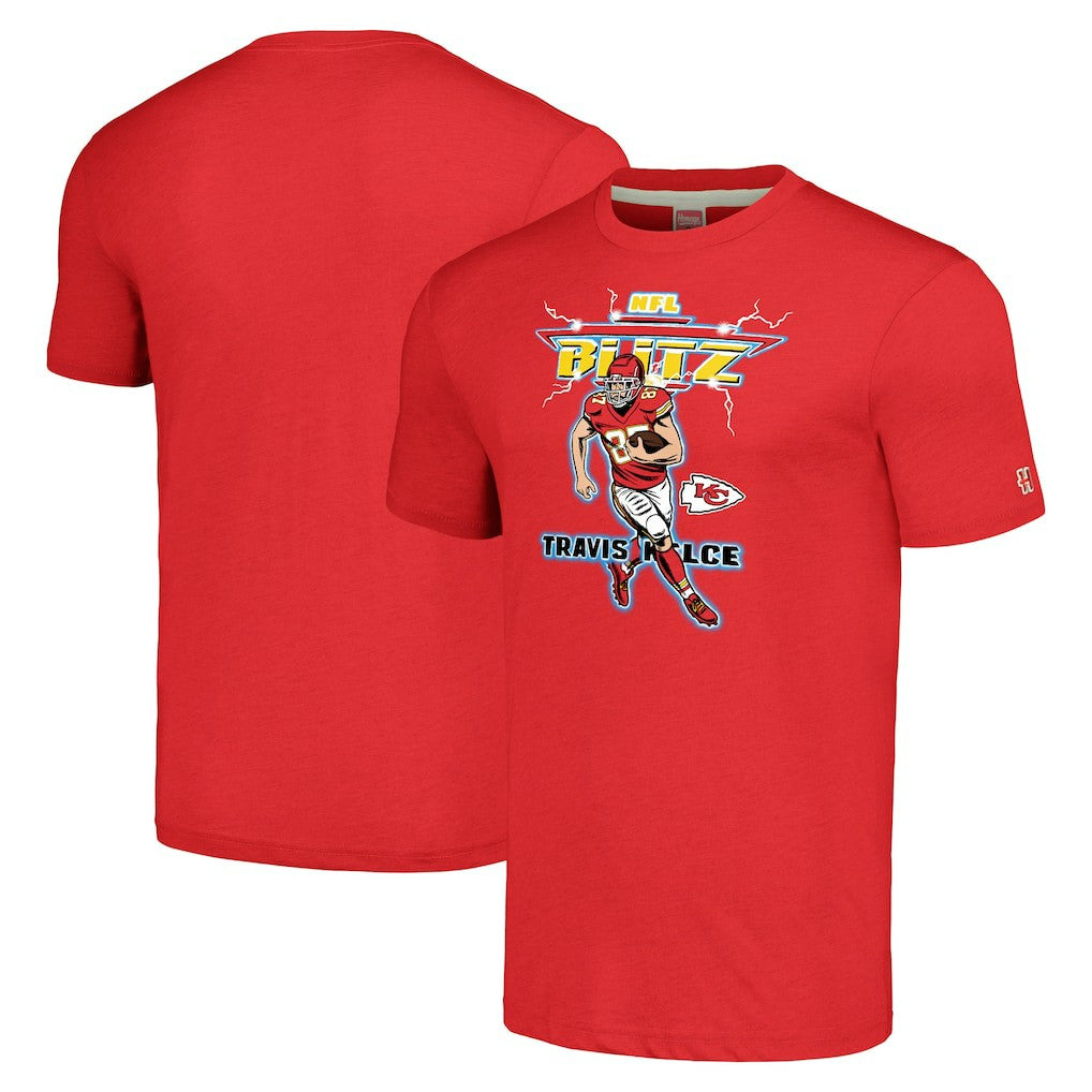 Travis Kelce Kansas City Chiefs Homage Unisex NFL Blitz Player Tri-Blend T-Shirt - Heathered Red - NFL