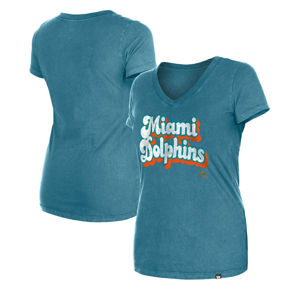 Miami Dolphins New Era Women's Enzyme Wash Low V-Neck T-Shirt - Aqua - NFL