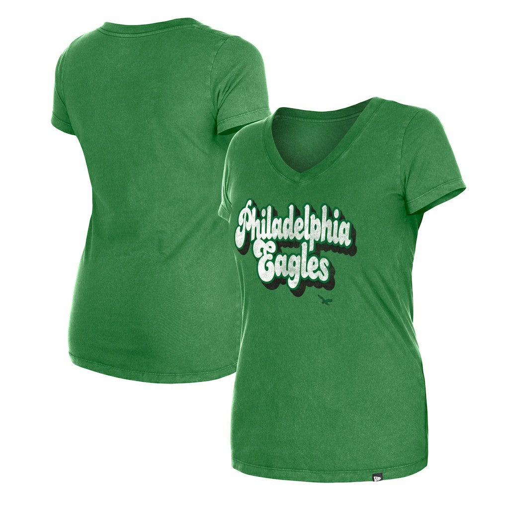 Philadelphia Eagles New Era Women's Enzyme Wash Low V-Neck T-Shirt - Green - NFL