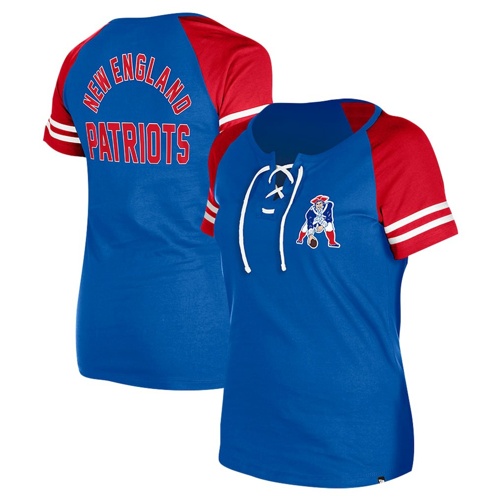 New England Patriots New Era Women's Throwback Lace-Up Raglan T-Shirt - Royal - NFL