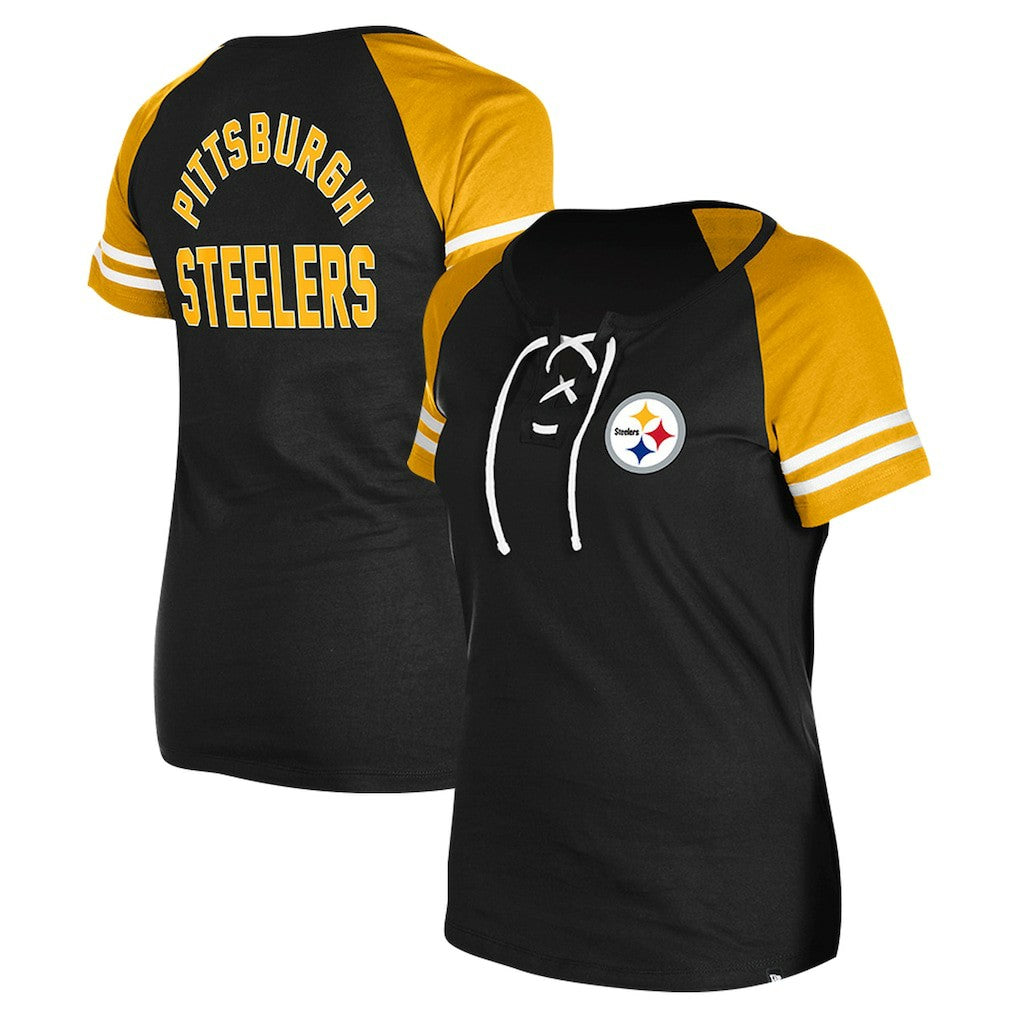 Pittsburgh Steelers New Era Women's Lace-Up Raglan T-Shirt - Black - NFL