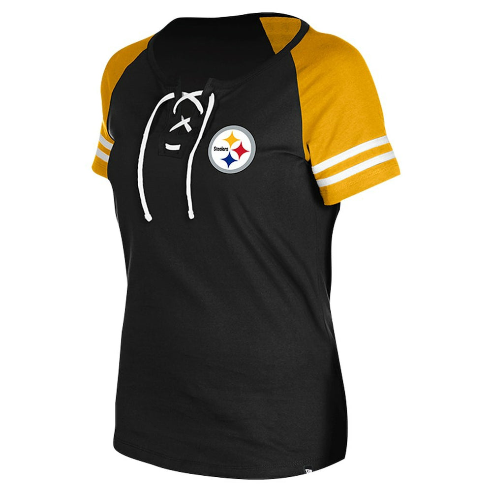 Pittsburgh Steelers New Era Women's Lace-Up Raglan T-Shirt - Black - NFL