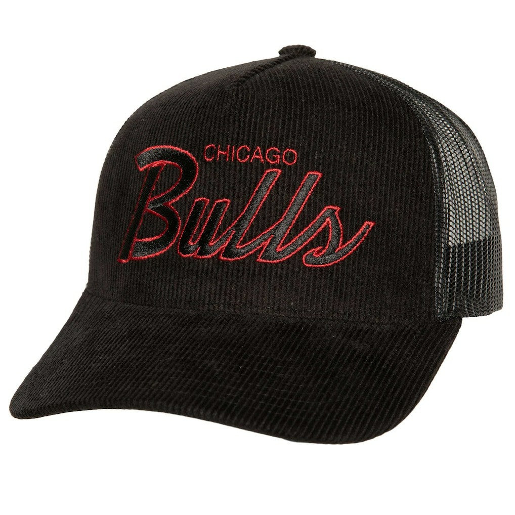 Mitchell & Ness Chicago Bulls Times Up Classic Script Cord Trucker Hat Black
