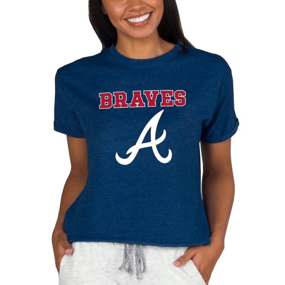 Atlanta Braves Concepts Sport Women's Tri-Blend Mainstream Terry Short Sleeve Sweatshirt Top Outlet