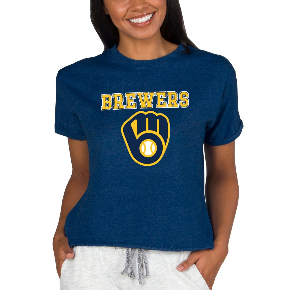 Milwaukee Brewers Concepts Sport Women's Tri-Blend Mainstream Terry Short Sleeve Sweatshirt Top Near Me