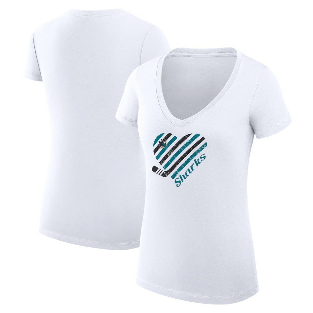 San Jose Sharks G-III 4Her by Carl Banks Women's Super-Slim Fit Lightweight Heart V-Neck T-Shirt - White | NHL Clearance