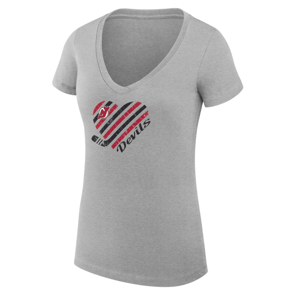 New Jersey Devils G-III 4Her by Carl Banks Women's Super-Slim Fit Lightweight Heart V-Neck T-Shirt - Heather Gray | NHL Clearance