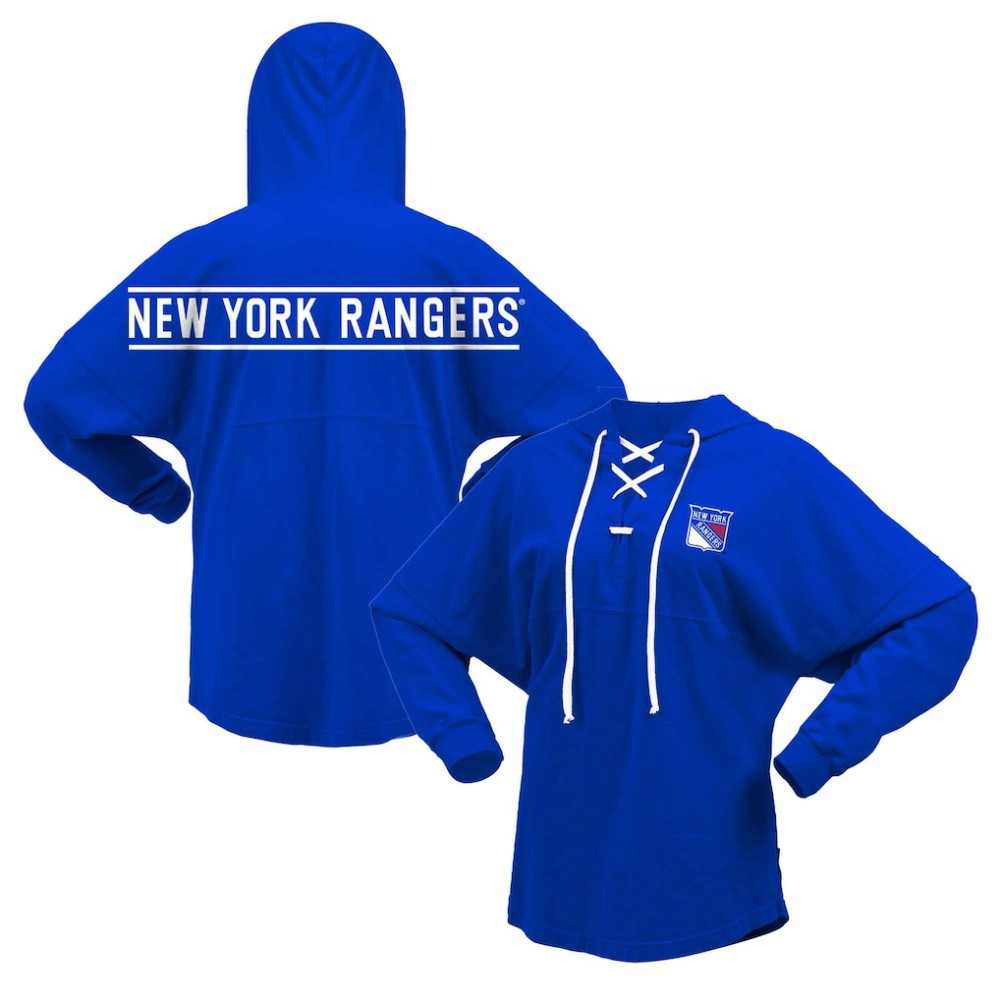 New York Rangers Fanatics Women's Jersey Lace-Up V-Neck Long Sleeve Hoodie T-Shirt - Blue | Fanatics Clearance