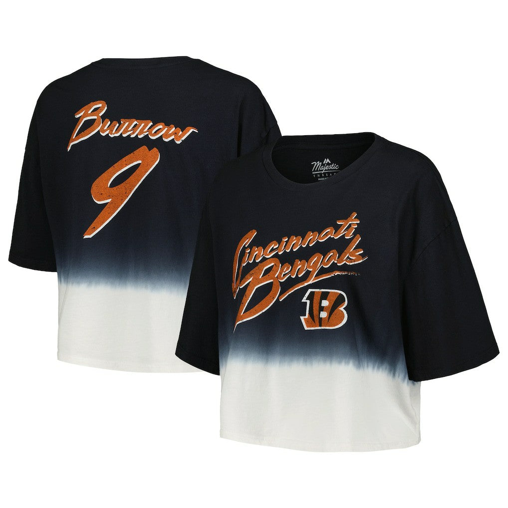 Joe Burrow Cincinnati Bengals Majestic Threads Women's Dip-Dye Player Name & Number Crop Top - Black/White - NFL