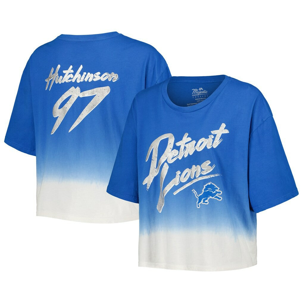 Aidan Hutchinson Detroit Lions Majestic Threads Women's Dip-Dye Player Name & Number Crop Top - Blue/White - NFL