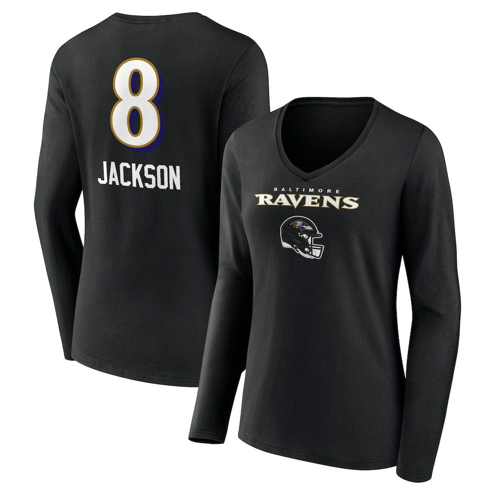 Lamar Jackson Baltimore Ravens Women's Team Wordmark Long Sleeve V-Neck T-Shirt - Black - NFL