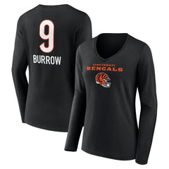Joe Burrow Cincinnati Bengals Women's Team Wordmark Long Sleeve V-Neck T-Shirt - Black - NFL