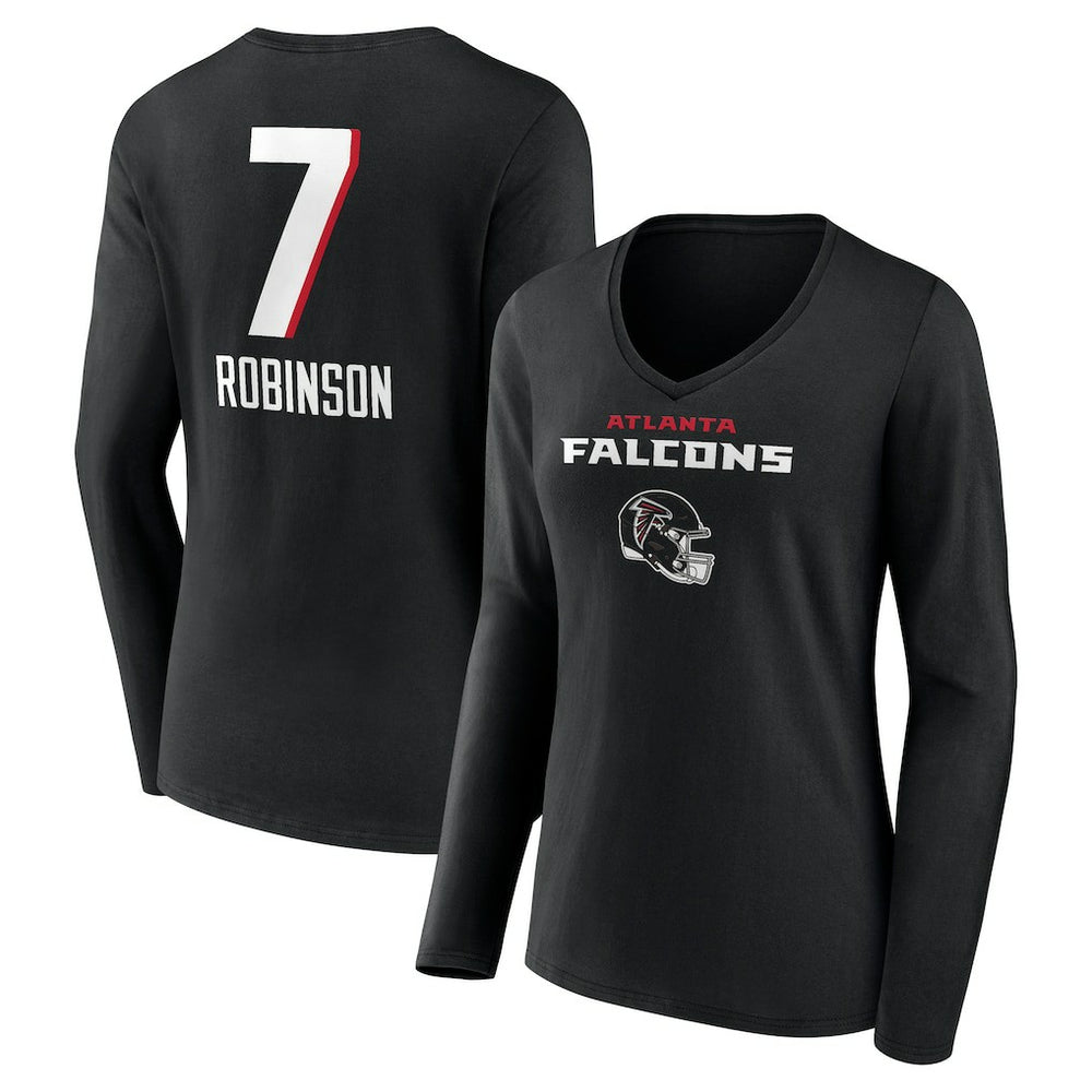 Bijan Robinson Atlanta Falcons Women's Team Wordmark Name & Number Long Sleeve V-Neck T-Shirt - Black - NFL