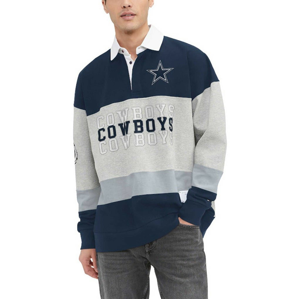 Dallas Cowboys Tommy Hilfiger Connor Oversized Rugby Long Sleeve Polo - Heather Gray/Navy - NFL
