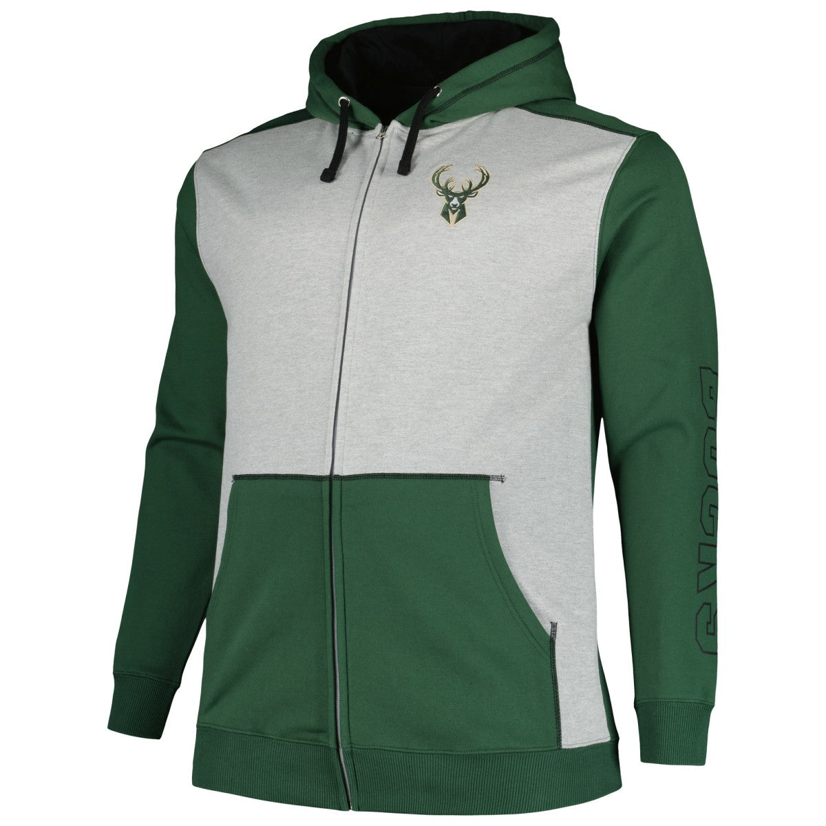 Fanatics Milwaukee Bucks Big & Tall Contrast Pieced Stitched Full-Zip Hoodie Hunter Green/Heather Gray