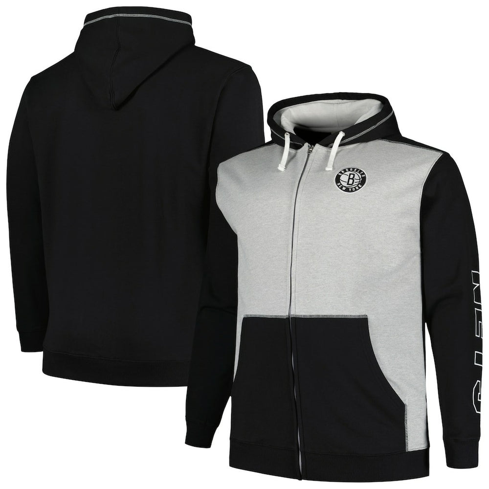 Fanatics Brooklyn Nets Big & Tall Contrast Pieced Stitched Full-Zip Hoodie Black/Heather Gray