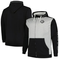 Fanatics Brooklyn Nets Big & Tall Contrast Pieced Stitched Full-Zip Hoodie Black/Heather Gray