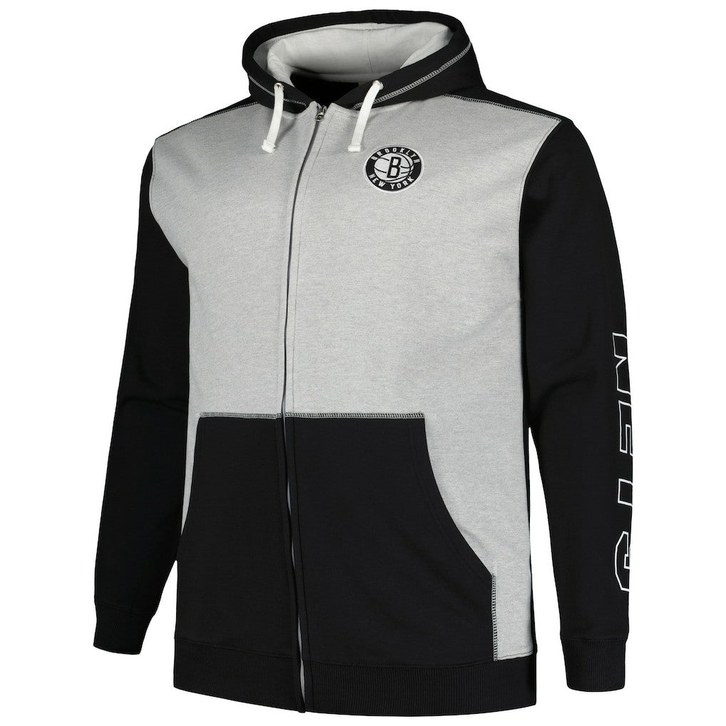 Fanatics Brooklyn Nets Big & Tall Contrast Pieced Stitched Full-Zip Hoodie Black/Heather Gray
