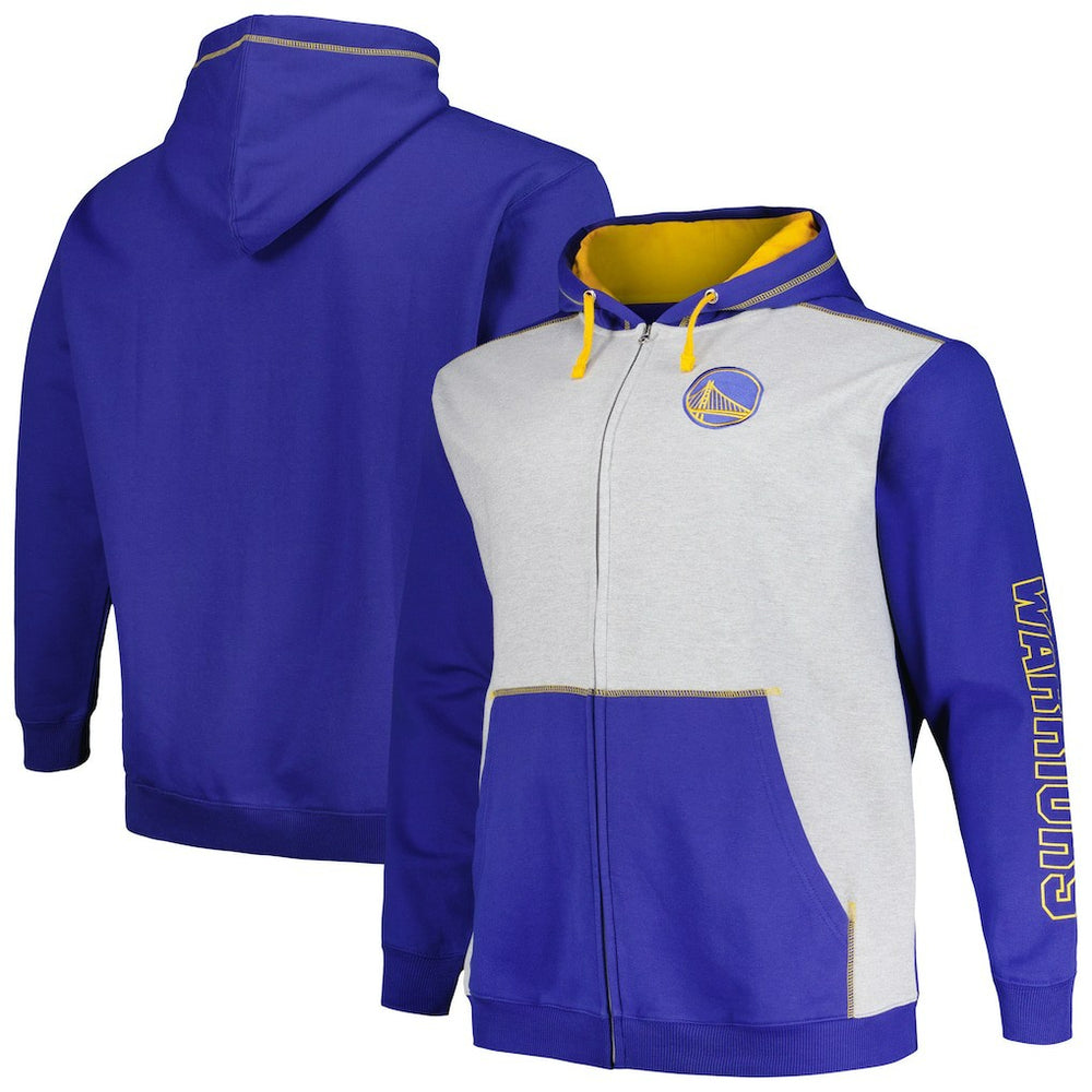 Fanatics Golden State Warriors Big & Tall Contrast Pieced Stitched Full-Zip Hoodie Royal/Heather Gray